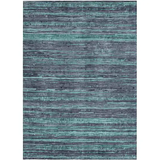 Teal Blue And Gray Striped Washable Indoor Outdoor Area Rug Photo 4