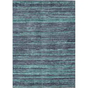 Photo of Teal Blue And Gray Striped Washable Indoor Outdoor Area Rug