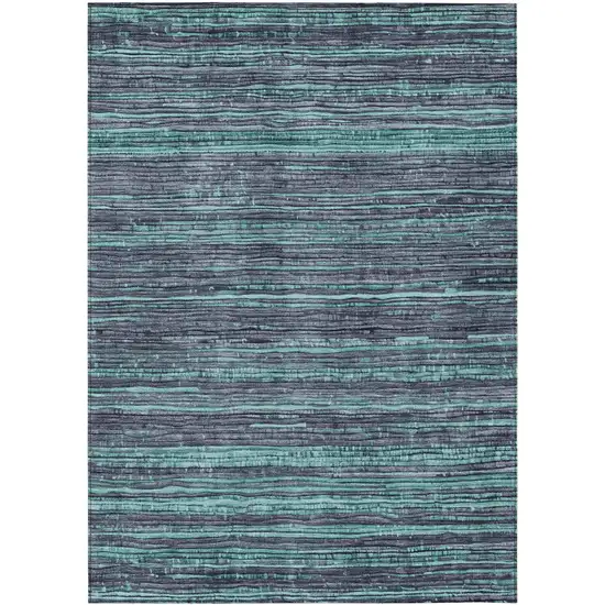 Teal Blue And Gray Striped Washable Indoor Outdoor Area Rug Photo 1
