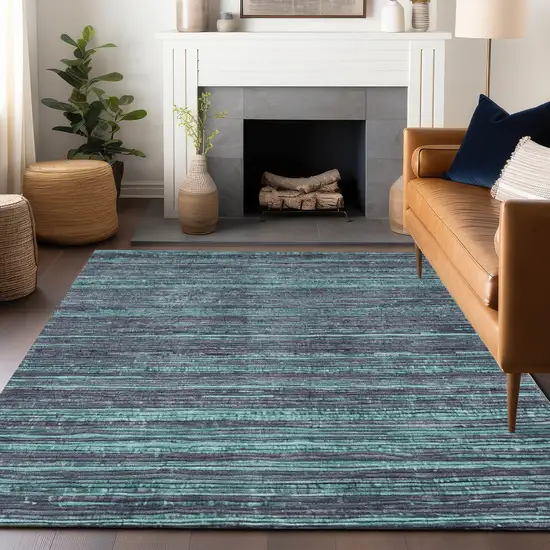 Teal Blue And Gray Striped Washable Indoor Outdoor Area Rug Photo 5