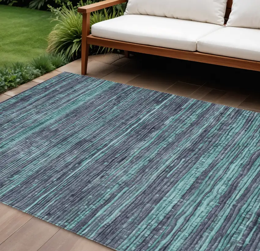 Teal Blue And Gray Striped Washable Indoor Outdoor Area Rug Photo 2