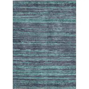 Photo of Teal Blue And Gray Striped Washable Indoor Outdoor Area Rug