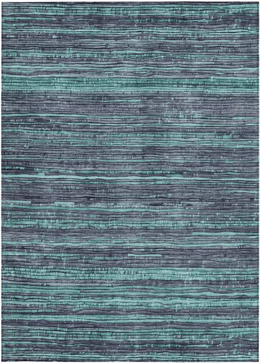Teal Blue And Gray Striped Washable Indoor Outdoor Area Rug Photo 1