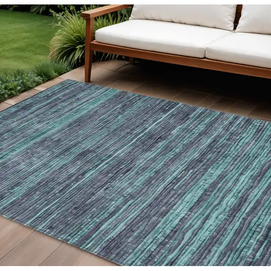 Teal Blue And Gray Striped Washable Indoor Outdoor Area Rug Photo 2