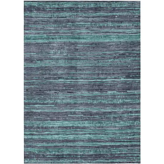 Teal Blue And Gray Striped Washable Indoor Outdoor Area Rug Photo 3