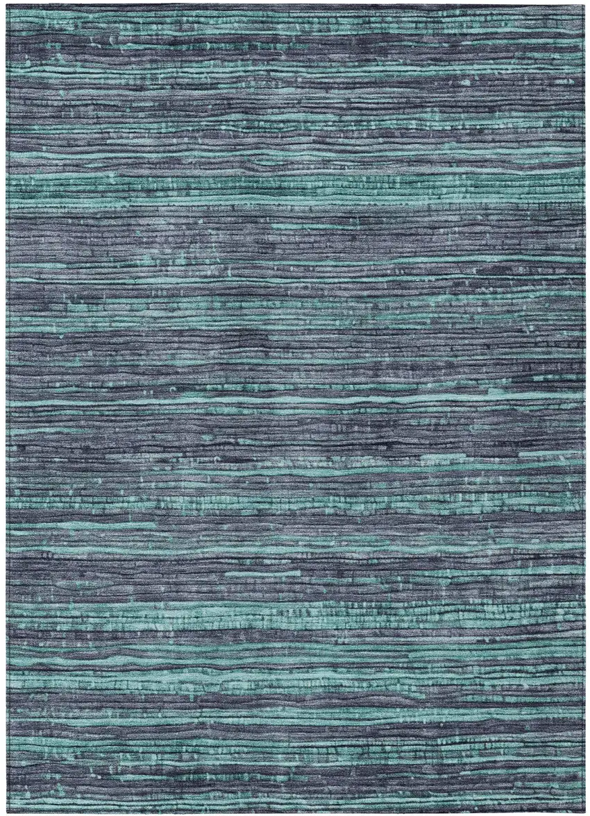 Teal Blue And Gray Striped Washable Indoor Outdoor Area Rug Photo 3