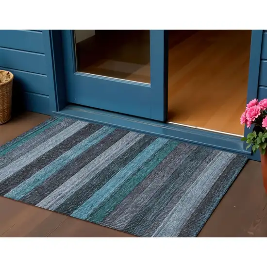 Teal Blue And Gray Striped Washable Indoor Outdoor Area Rug Photo 2