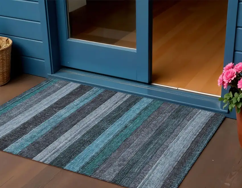 Teal Blue And Gray Striped Washable Indoor Outdoor Area Rug Photo 2
