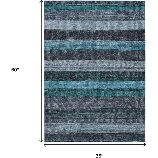 Teal Blue And Gray Striped Washable Indoor Outdoor Area Rug Photo 9