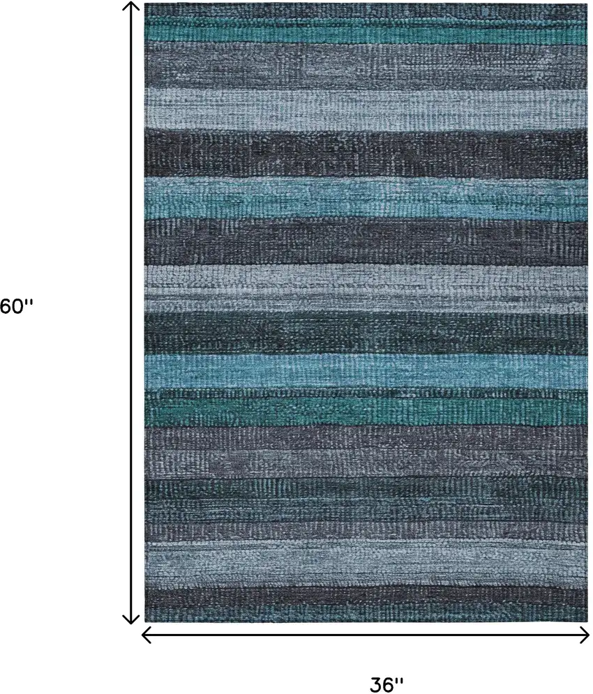 Teal Blue And Gray Striped Washable Indoor Outdoor Area Rug Photo 9