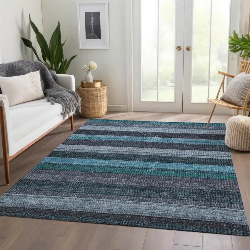 Teal Blue And Gray Striped Washable Indoor Outdoor Area Rug Photo 6