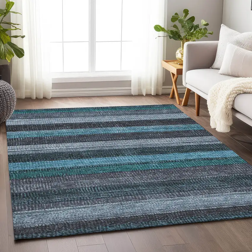 Teal Blue And Gray Striped Washable Indoor Outdoor Area Rug Photo 5