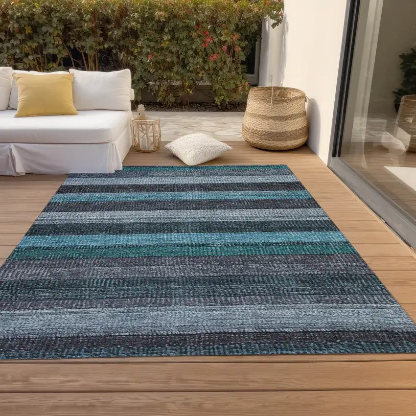 Teal Blue And Gray Striped Washable Indoor Outdoor Area Rug Photo 8