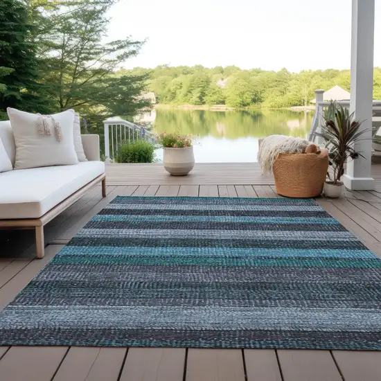 Teal Blue And Gray Striped Washable Indoor Outdoor Area Rug Photo 5