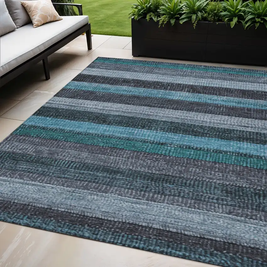 Teal Blue And Gray Striped Washable Indoor Outdoor Area Rug Photo 2