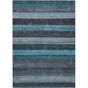 Photo of Teal Blue And Gray Striped Washable Indoor Outdoor Area Rug