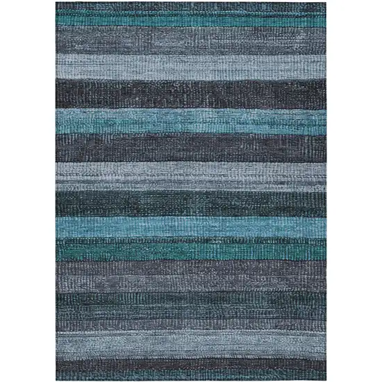 Teal Blue And Gray Striped Washable Indoor Outdoor Area Rug Photo 1