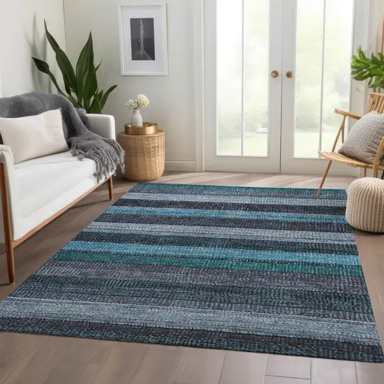 Teal Blue And Gray Striped Washable Indoor Outdoor Area Rug Photo 7