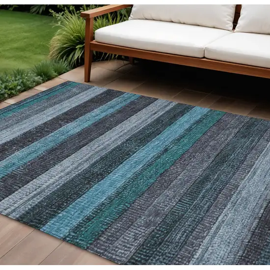 Teal Blue And Gray Striped Washable Indoor Outdoor Area Rug Photo 2
