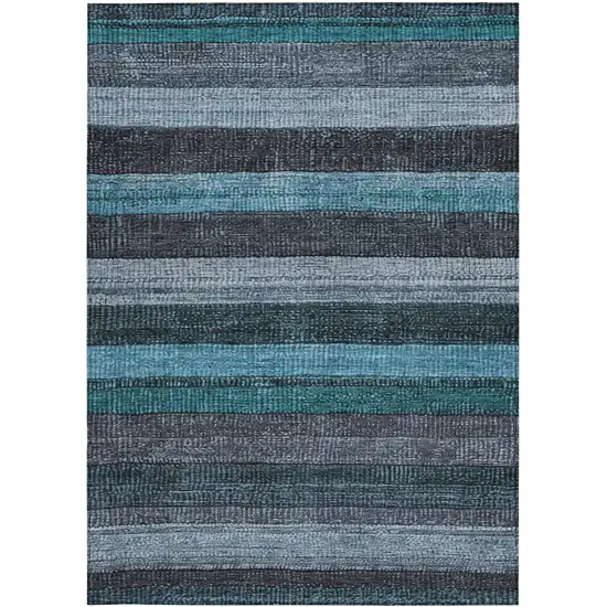 Teal Blue And Gray Striped Washable Indoor Outdoor Area Rug Photo 1