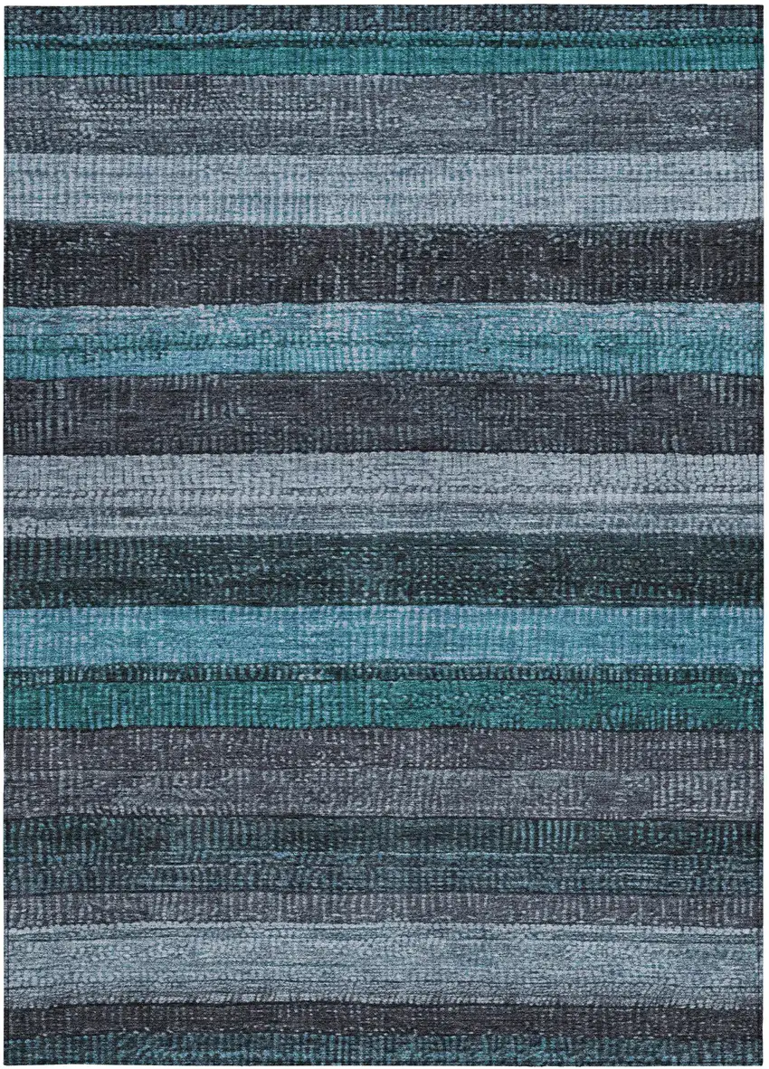 Teal Blue And Gray Striped Washable Indoor Outdoor Area Rug Photo 1