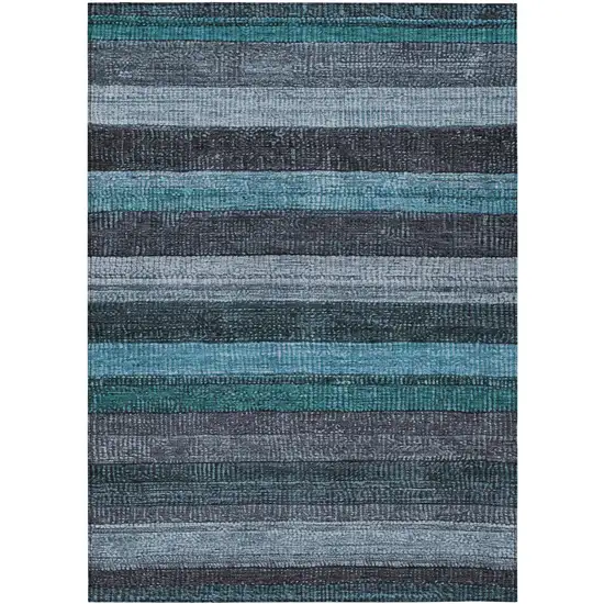 Teal Blue And Gray Striped Washable Indoor Outdoor Area Rug Photo 3