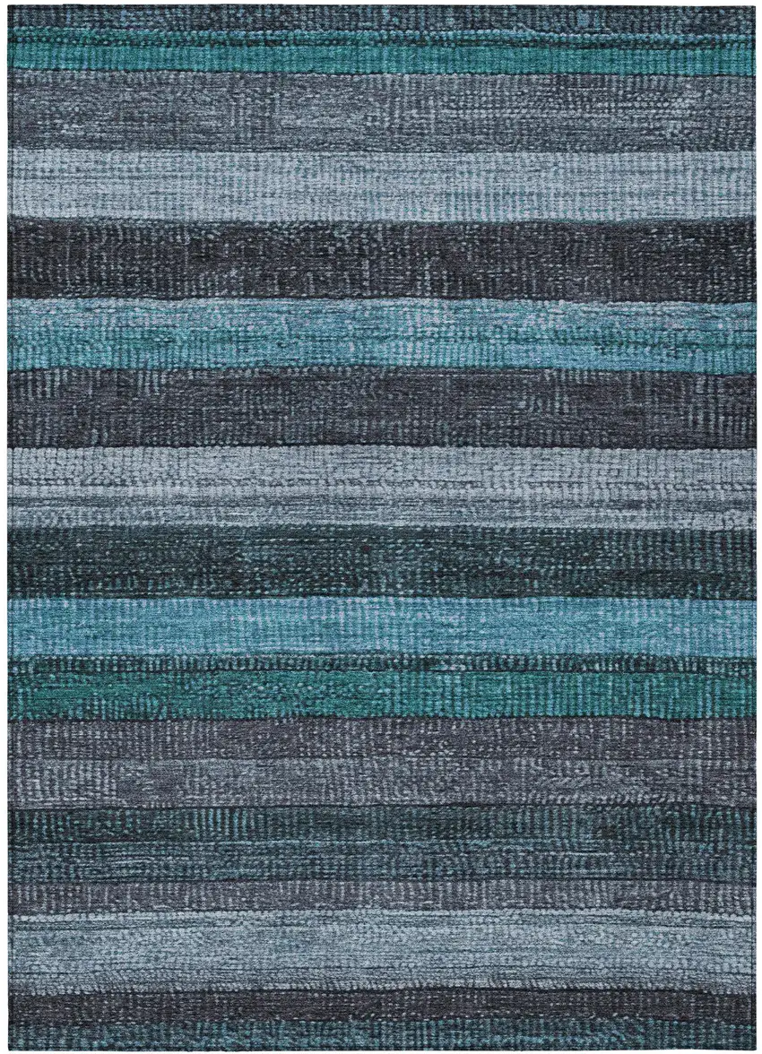 Teal Blue And Gray Striped Washable Indoor Outdoor Area Rug Photo 3