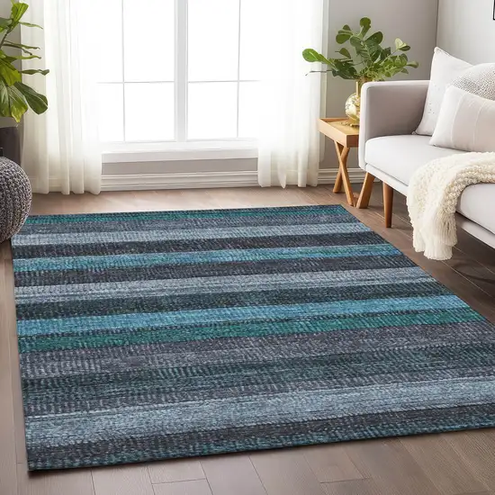 Teal Blue And Gray Striped Washable Indoor Outdoor Area Rug Photo 5
