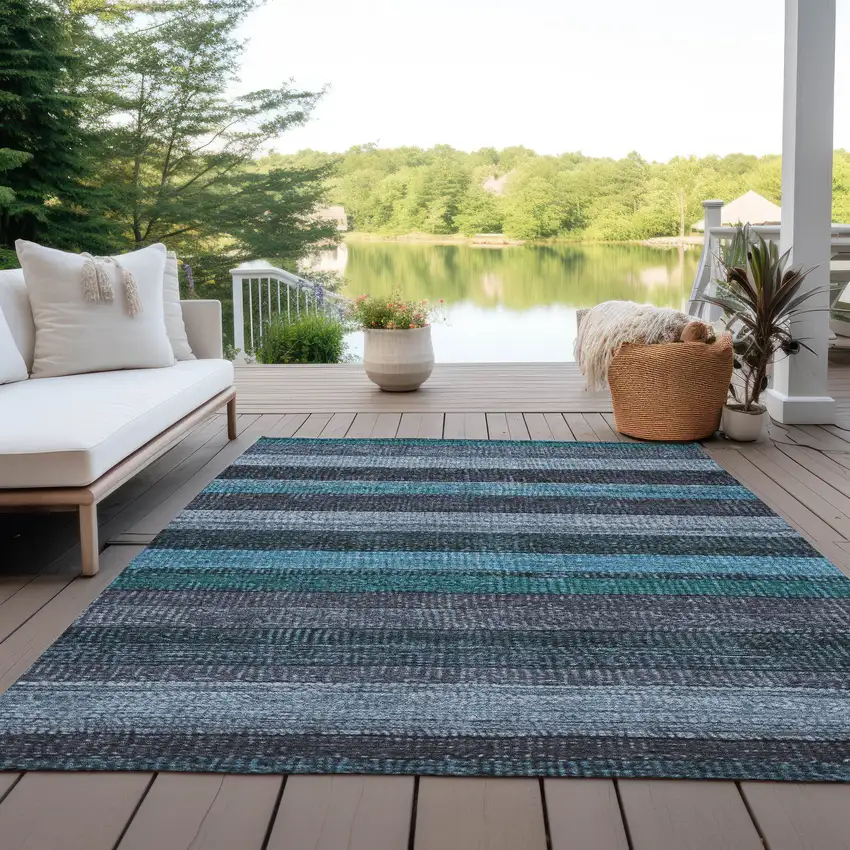 Teal Blue And Gray Striped Washable Indoor Outdoor Area Rug Photo 4