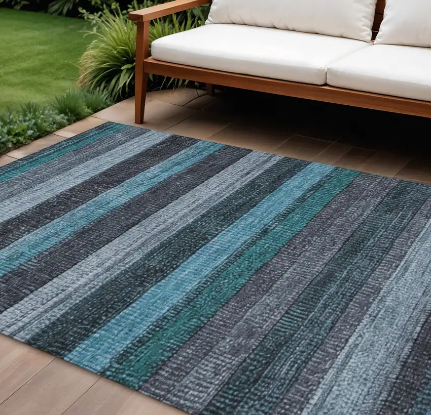 Teal Blue And Gray Striped Washable Indoor Outdoor Area Rug Photo 2