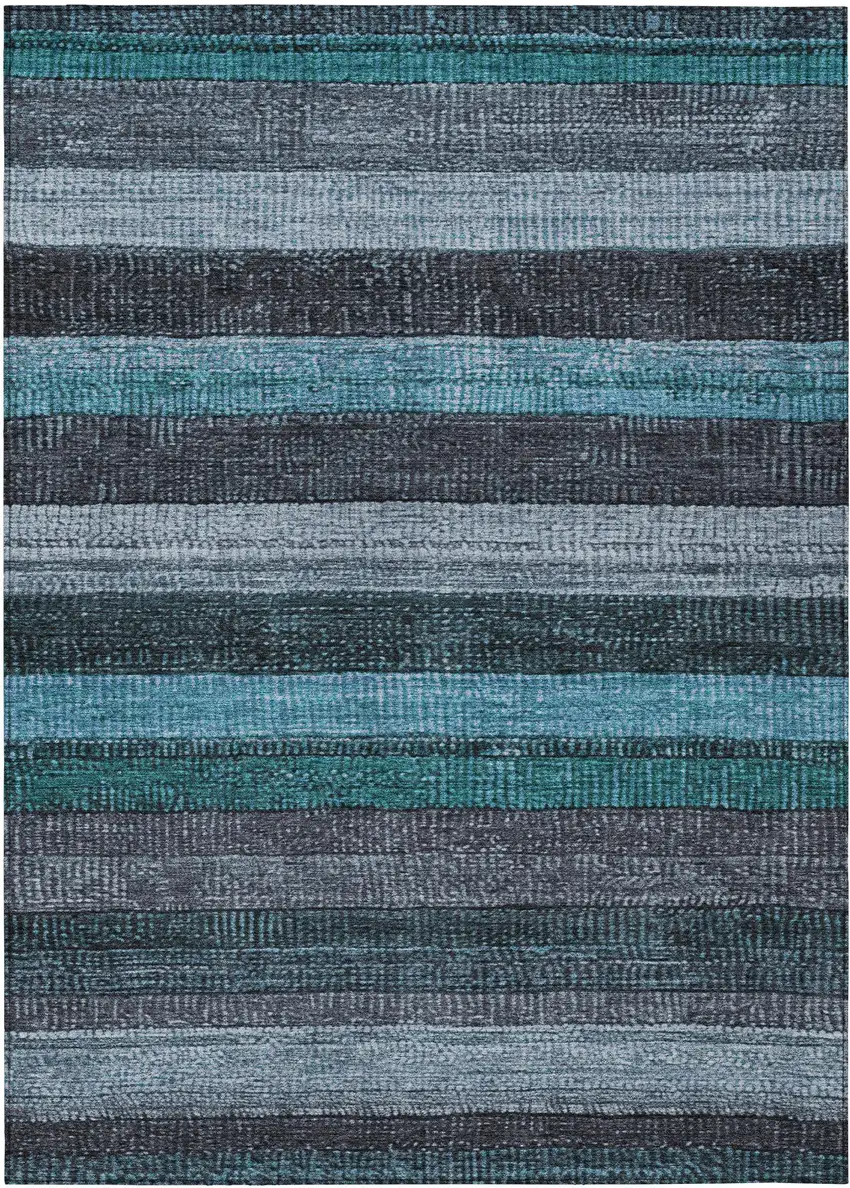 Teal Blue And Gray Striped Washable Indoor Outdoor Area Rug Photo 8