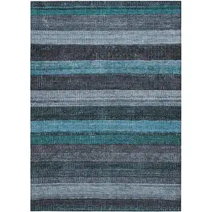 Photo of Teal Blue And Gray Striped Washable Indoor Outdoor Area Rug