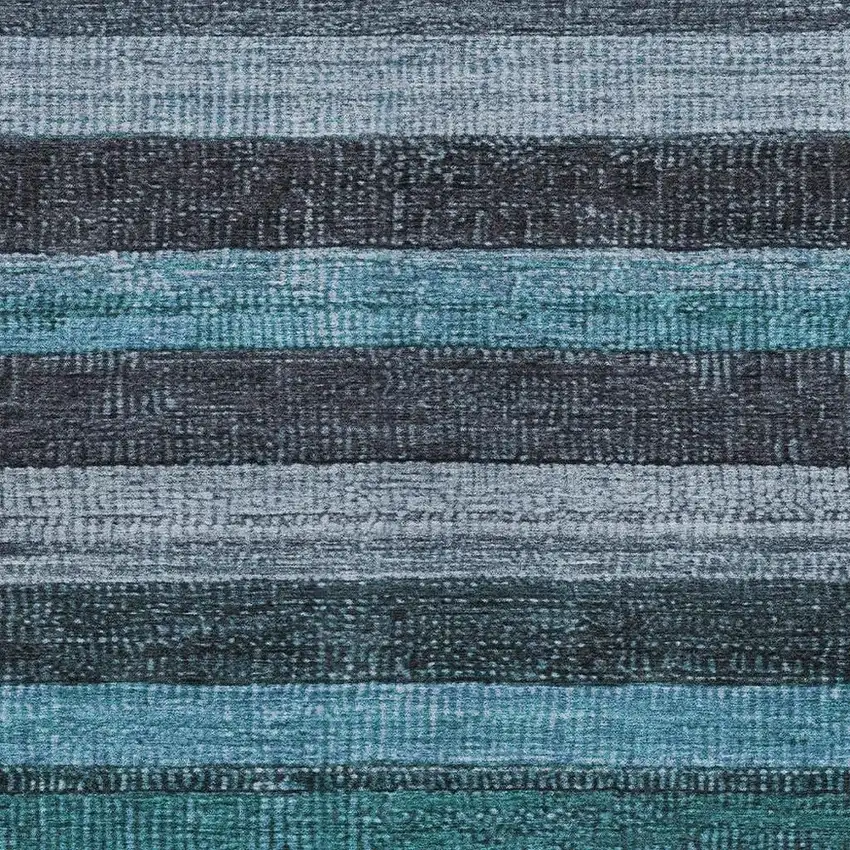 Teal Blue And Gray Striped Washable Indoor Outdoor Area Rug Photo 3