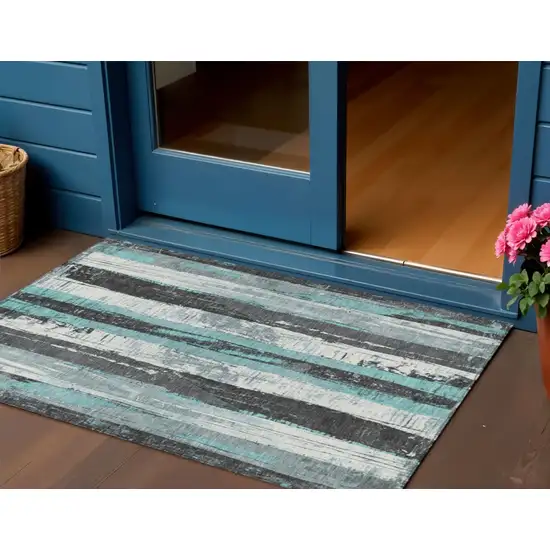 Teal Blue And Gray Striped Washable Indoor Outdoor Area Rug Photo 2