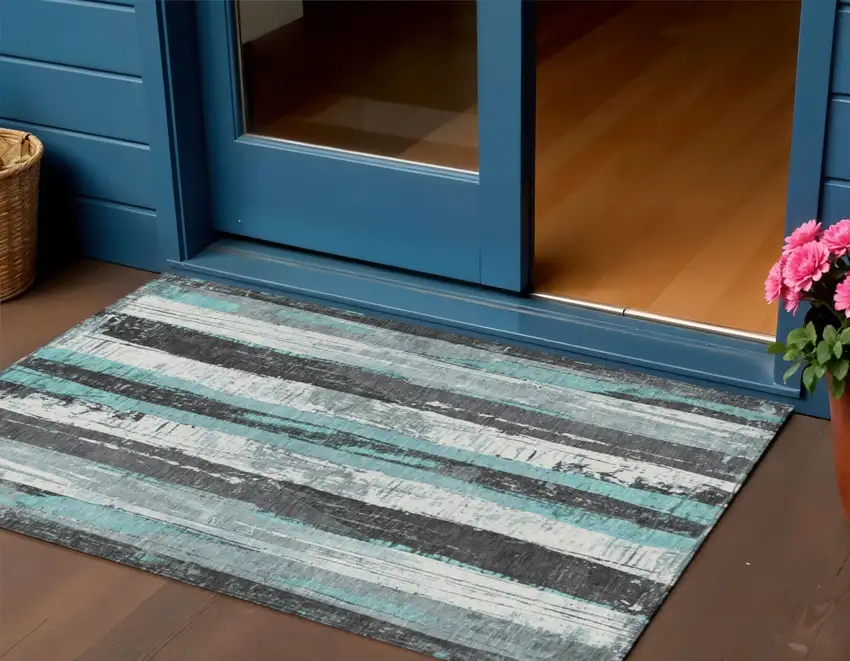 Teal Blue And Gray Striped Washable Indoor Outdoor Area Rug Photo 2