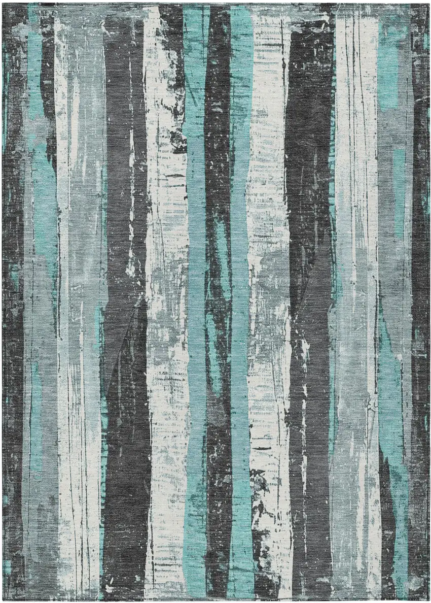 Teal Blue And Gray Striped Washable Indoor Outdoor Area Rug Photo 8