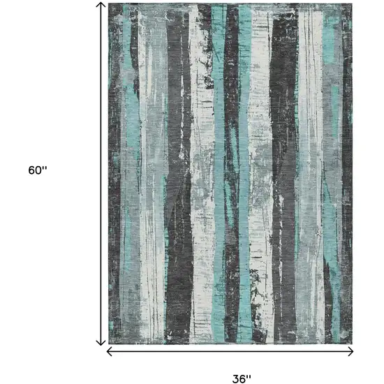Teal Blue And Gray Striped Washable Indoor Outdoor Area Rug Photo 9