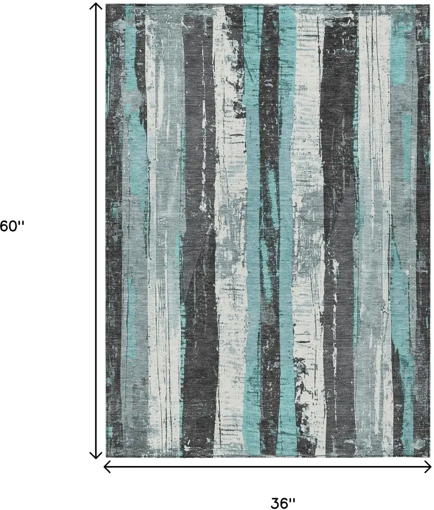 Teal Blue And Gray Striped Washable Indoor Outdoor Area Rug Photo 9