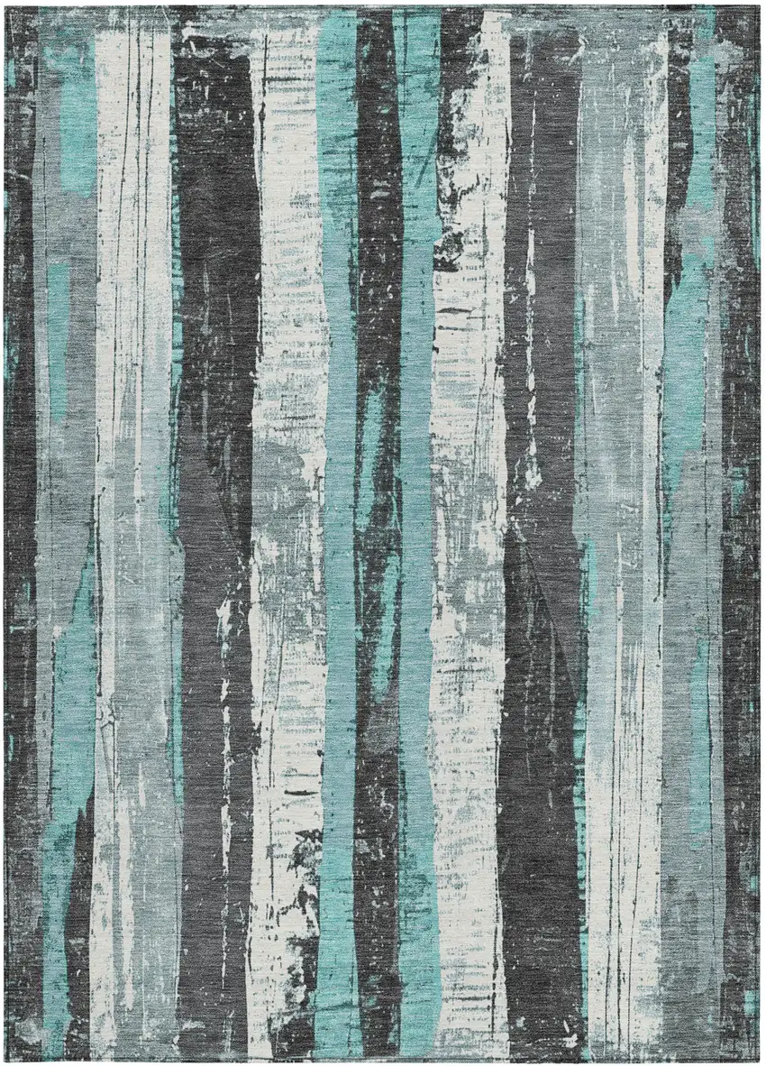 Teal Blue And Gray Striped Washable Indoor Outdoor Area Rug Photo 1