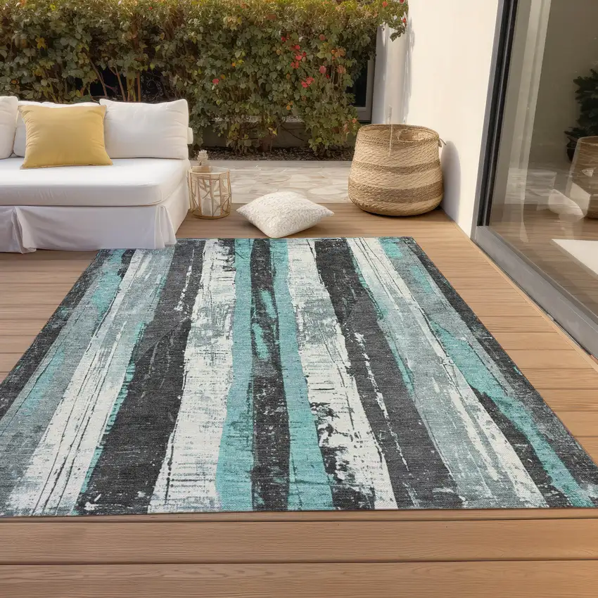 Teal Blue And Gray Striped Washable Indoor Outdoor Area Rug Photo 8