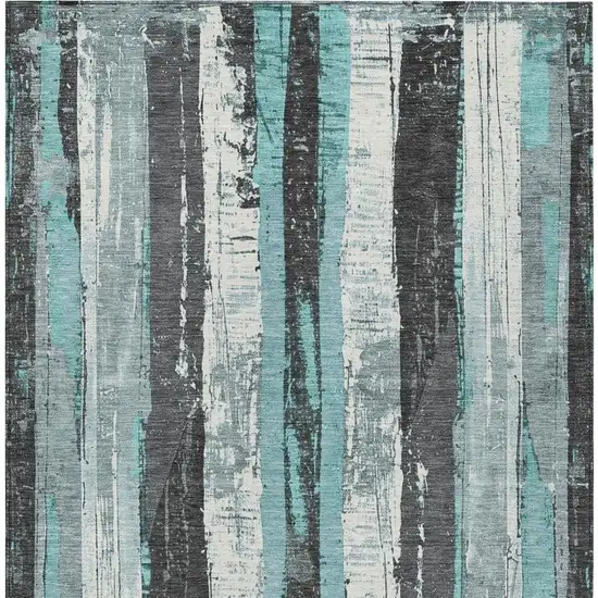 Teal Blue And Gray Striped Washable Indoor Outdoor Area Rug Photo 4