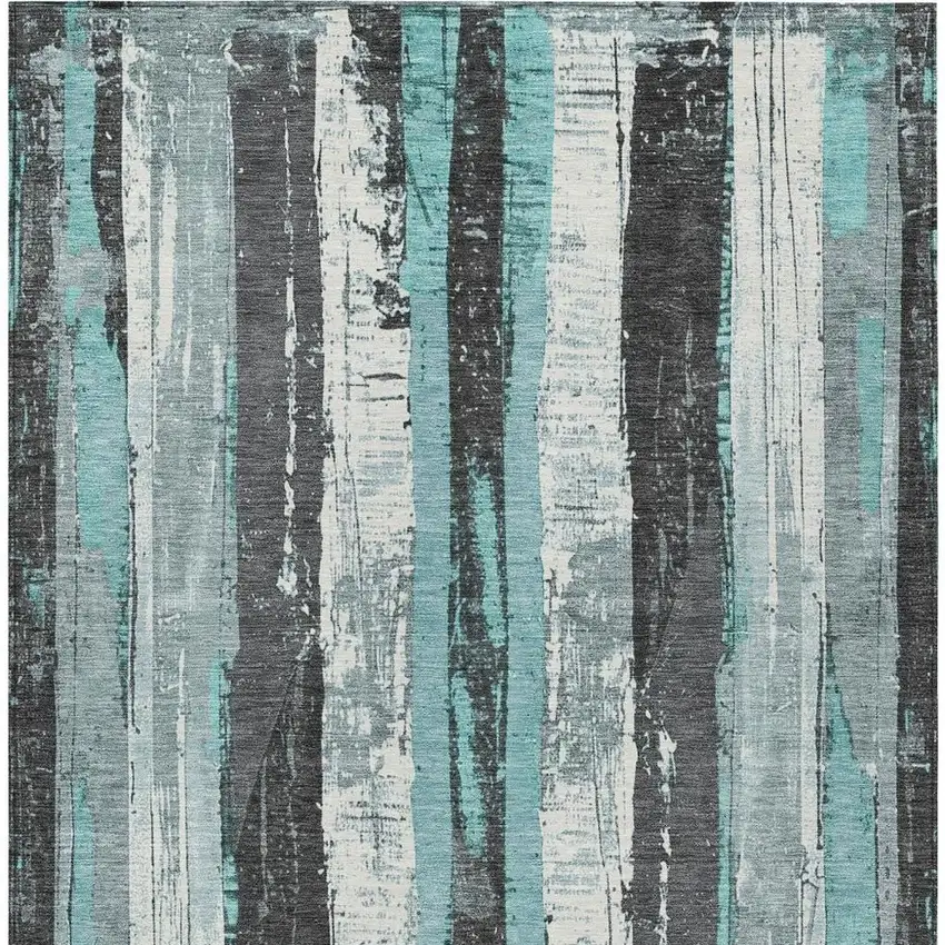 Teal Blue And Gray Striped Washable Indoor Outdoor Area Rug Photo 4