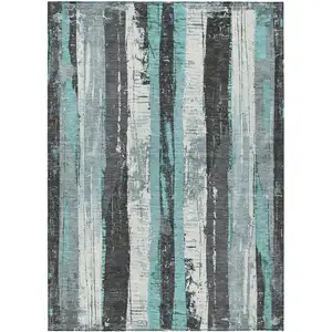 Photo of Teal Blue And Gray Striped Washable Indoor Outdoor Area Rug
