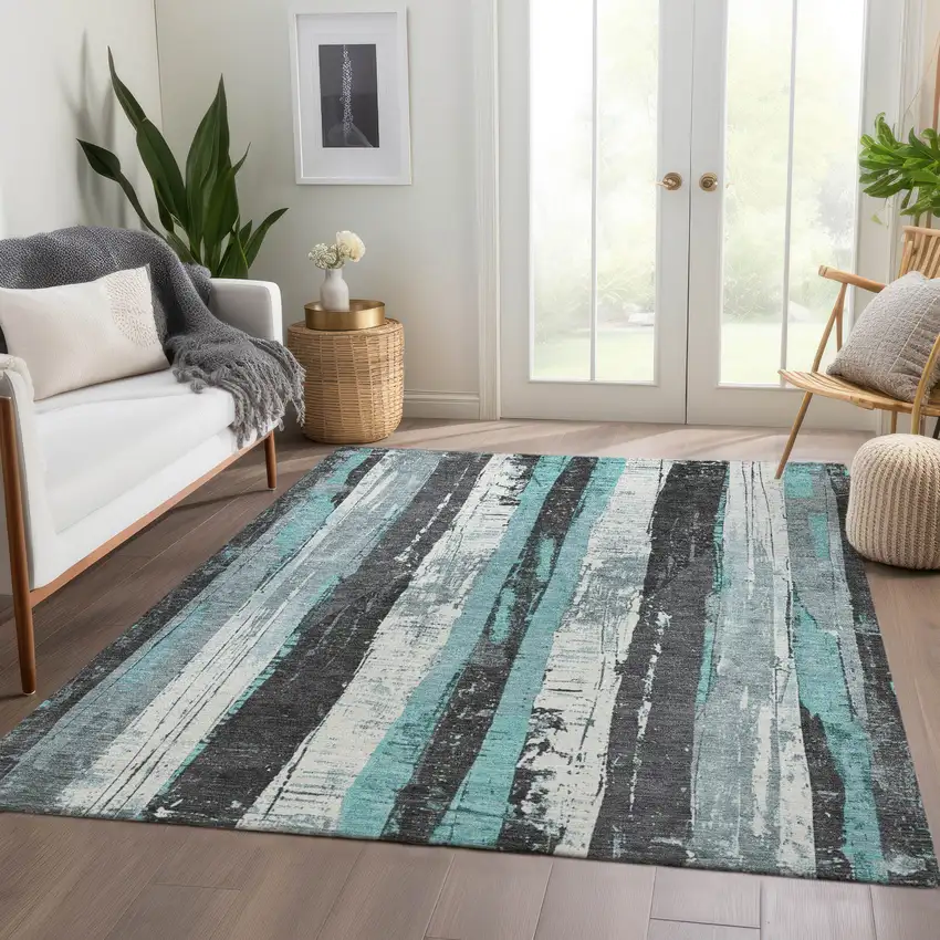 Teal Blue And Gray Striped Washable Indoor Outdoor Area Rug Photo 7