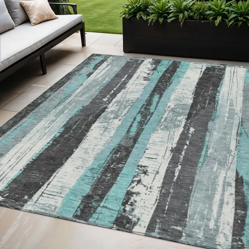Teal Blue And Gray Striped Washable Indoor Outdoor Area Rug Photo 2