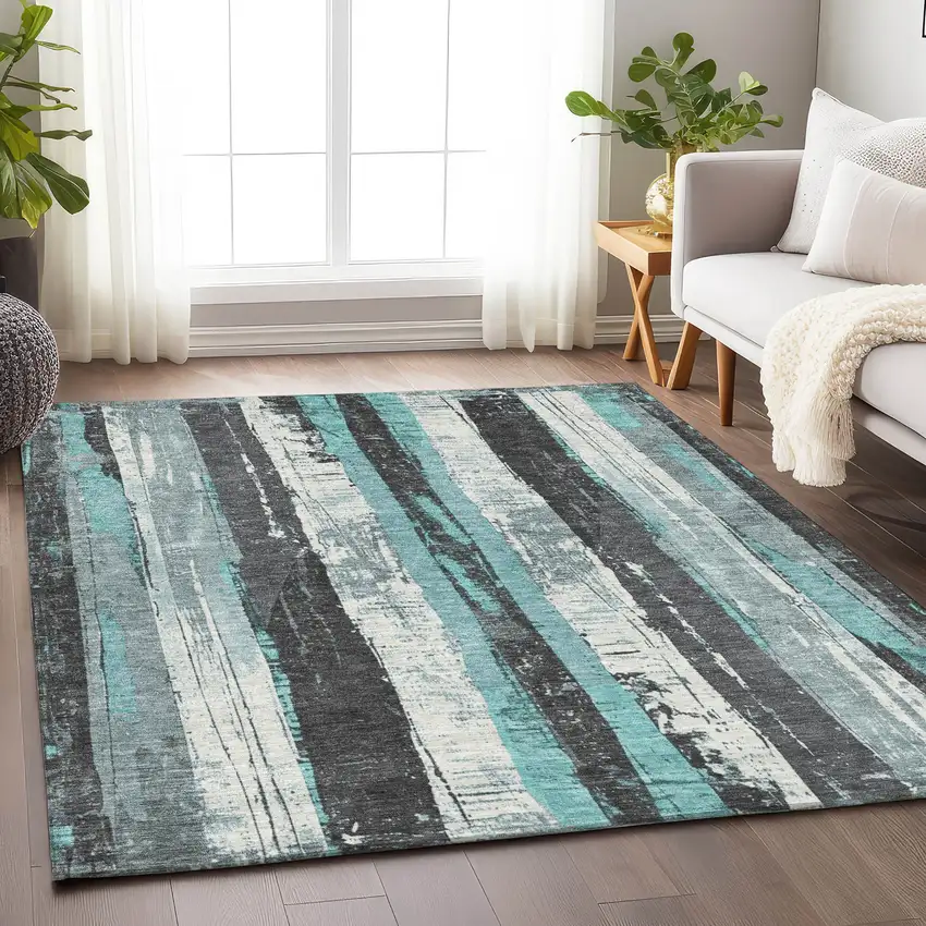 Teal Blue And Gray Striped Washable Indoor Outdoor Area Rug Photo 6