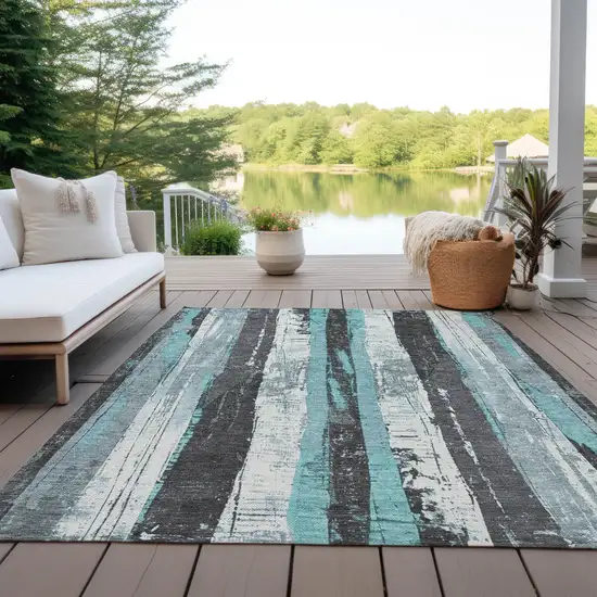 Teal Blue And Gray Striped Washable Indoor Outdoor Area Rug Photo 4