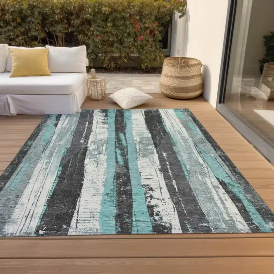 Teal Blue And Gray Striped Washable Indoor Outdoor Area Rug Photo 7