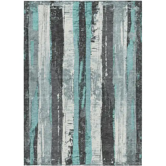 Teal Blue And Gray Striped Washable Indoor Outdoor Area Rug Photo 1