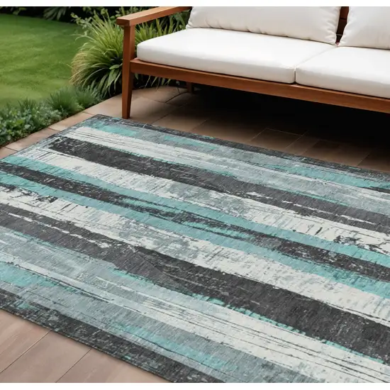 Teal Blue And Gray Striped Washable Indoor Outdoor Area Rug Photo 2